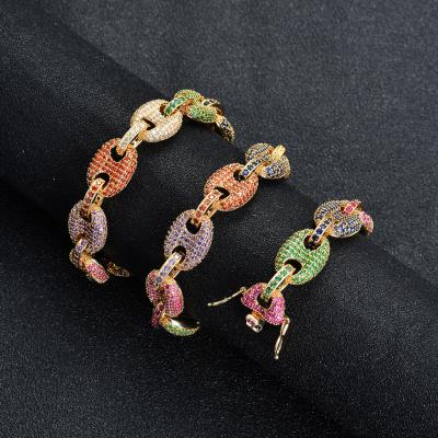 China New Personalized Hiphop OH 12MM Necklace Micro Hip Hop Pave Iced Out Rainbow Coffee Bean Link Chain for sale