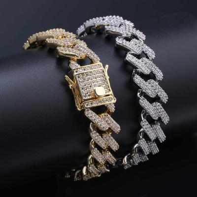 China Hiphop Mens Rap Jewelry Punk Hips Hops 14mm Iced Out Bling Bling CZ Rhombus Miami Cuban Chain Bracelet for sale