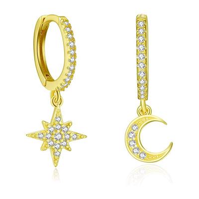 China FASHIONABLE Trendy Tasty 14K Gold Plated Asymmetrical Moon And Star Drop Huggies Circle Earrings For Women for sale