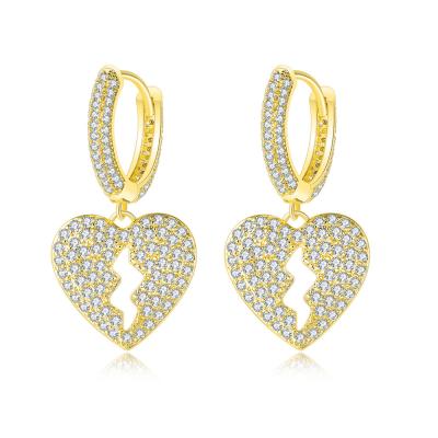 China Vintage 2021 Valentine's Day Gift Iced Out Micro Pave CZ Zircon Diamond Broken Heart Hoop Earrings For Women for sale