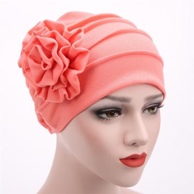 China Available Sales Women Polyester Hair Accessories Cotton Flower Headwrap Head Covers Beanie Hat Muslim India Ruffle Plain Turban Head Wrap for sale