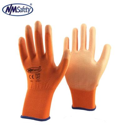 China NMSAFETY 13 Gauge Anti-Slip Polyester Orange Liner Coated PU On Palm Work Gloves for sale