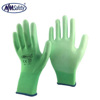 China NMSAFETY 13 Gauge Green Anti-Slip Polyester Liner Coated PU On Palm Work Gloves for sale