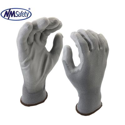 China NMSAFETY 13 Gauge Anti-Slip Gray Polyester Liner Coated Deep PU On Palm Work Glove for sale