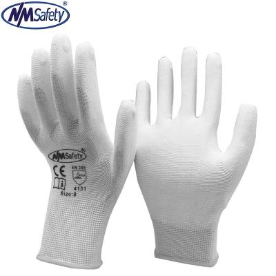 China NMSAFETY 13 gauge anti-slip white polyester knitted dipping liner PU on palm protective work gloves anti-static. for sale