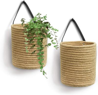 China Cotton Boho Woven Rope Wall Hanging Basket for Oaganization Indoor Factory Handmade Baskets with Genuine Leather Handles for sale