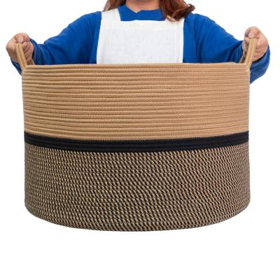 China Extra Large Sustainable Cotton Rope Woven Basket Toy Storage Basket With Long Handles Decorative Clothes Hamper Laundry Basket for sale