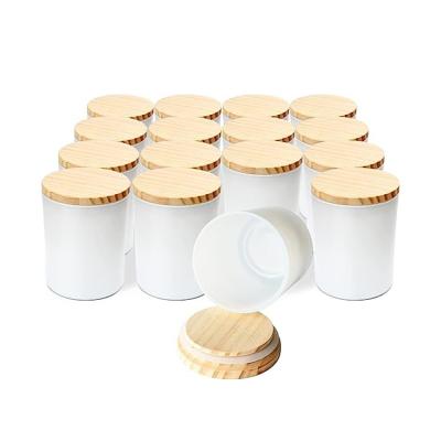 China Season Cosmetic Gift White Color Coated Candle Jar Glass Candlestick With Wooden Lid for sale