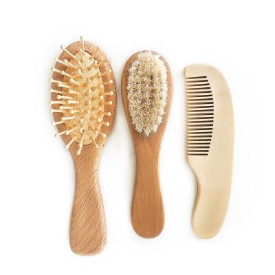 China Other 3 in 1Wholesale Logo Goat Bristle Baby Hair Natural Wooden Custom Toe Brush for sale