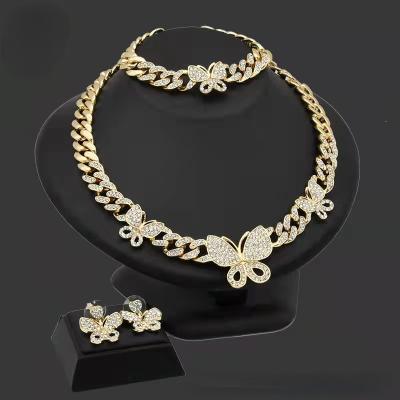 China High Quality Crystals 24K Gold Full Diamond Indian Lady Jewelry Set Wedding Necklace Earring Bracelet 3 Sets for sale