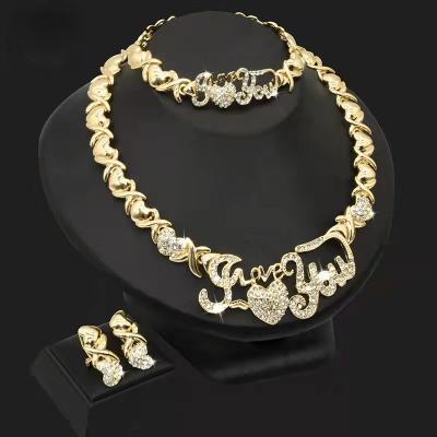 China High Quality Crystals 24K Gold Diamond Jewelry Set Lady Wedding Necklace Earring Bracelet 3 Sets for sale