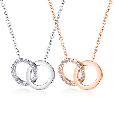 China TRENDY double ring jeweled simple temperament ring buckle pendant necklace rose gold plated ladies clavicle chain for sale