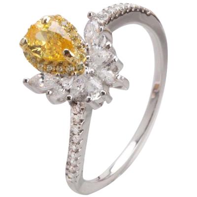 China Carat simulation romantic diamond micro-inlaid zircon ring princess pear-shaped flowers yellow diamond ring for sale