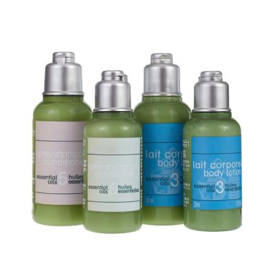 China Hotel Exquisite Disposable Amenities Eco-friendly Luxury Plastic Bottles Set Hotel Body Lotion Shampoo And Conditioner Packaging for sale