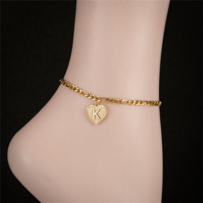 China Hot Selling Cute 26 Alphabet Letter Anklet Cuban Link Initial Charm Heart Shape Dangling Anklet for sale