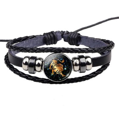 China High Quality 12 Sign Leather Glass Cabochon Zodiac Bracelet Men's Jewelry Black Horoscope Astrology Handmade Punk Birthday Gift for sale