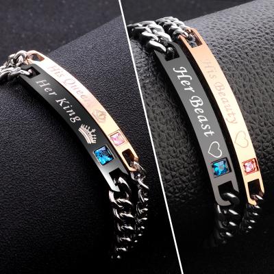 China Top Quality 2 Style His The Queen His King's Chain Male Crystal Couple Bracelet Black Rose Gold Color Women For Men On Hand Couples Bracelet for sale