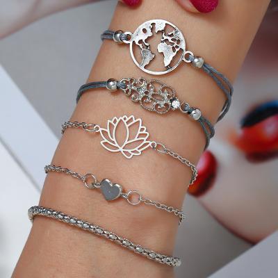 China 5pcs/set High Quality European and American Character Lotus Heart World Map Pattern Style Beaded Bracelet for sale