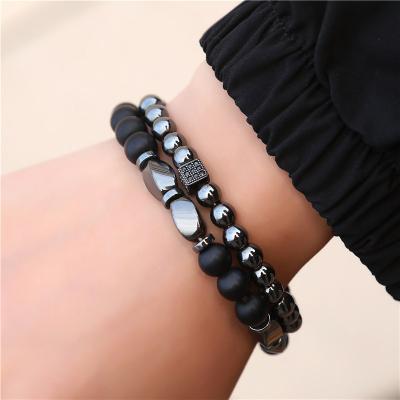 China Newest 2021 Fashion Environmental Friendly Hot Black Frosted Bead Bracelet For Men Carve Hematite Micro Insert Beading Bracelet Set for sale