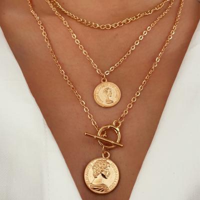 China TRENDY Vintage Coin Chain Multilayer Choker Necklace For Women Gold Silver Color Fashion Portrait Chunky Chain Necklaces for sale