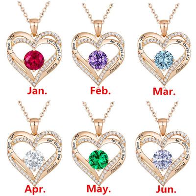 China Hot Selling High Quality Love Heart Women Necklace Double Rose Gold Plated Birthstone Pendant Double Heart Necklace For Women Girls Party Gifts for sale