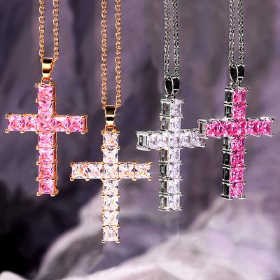 China High Quality Gold Plated 4 Color Box Chains Zircon Stone Necklace Women Imitate Diamond Cross Pendant Necklace Jewelry for sale