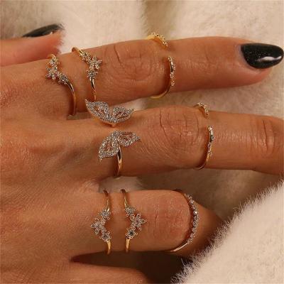 China Vintage Boho Crystal Butterfly Rings Set For Women Eco Friendly Zircon Leaves Stars Geometric Knuckle Finger Ring Wedding Party Jewelry Gifts for sale