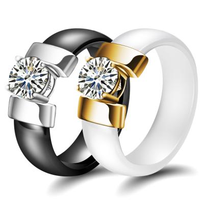 China CLASSIC 6mm White Black Ceramic Rings Plus Zircon For Women Gold Color Wedding Ring Engagement Jewelry Stainless Steel Women for sale