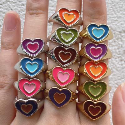 China New Environmentally Friendly Creative Cute Colorful Heart Ring Vintage Drop Oil Metal Double Layer Love Heart INS Rings For Women Girls Fashion Jewelry for sale