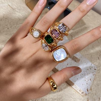 China High Quality New Arrival Design Geometric Square Zircon Flower Ring 18K Gold Plated Stainless Steel Ring Jewelry for sale