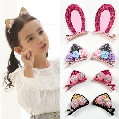 China 2pcs/Set Cute Sweet Hair Clips For Girls Glitter Rainbow Felt Fabric Flower Hairpins Cat Ears Bunny Barrettes Kids Hair Accessories for sale