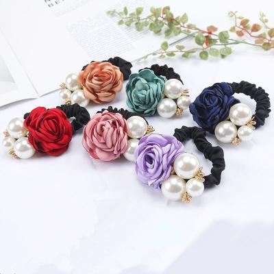 China Attractive Korean Hair Ties Band Rose Flower Rope Hair Bead Fashion Jewelry Rubber Accessory for Women and Girls for sale