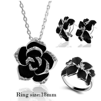 China High Quality Fashion Rose Flower Enamel Jewelry Set Rose Gold Color Black Painting Bridal Jewelry Sets For Women Wedding for sale