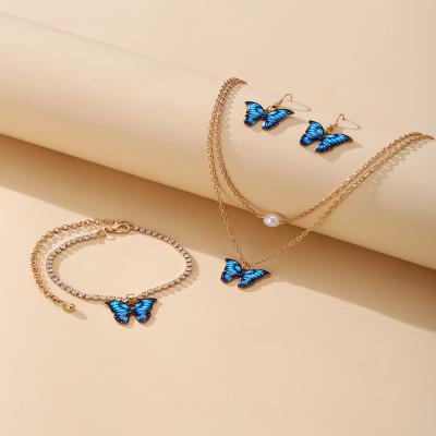 China High Quality Cute Butterfly Chain Charms Simple Pairs Necklace Bracelet Necklace And Earrings Jewelry Set Luxury for sale