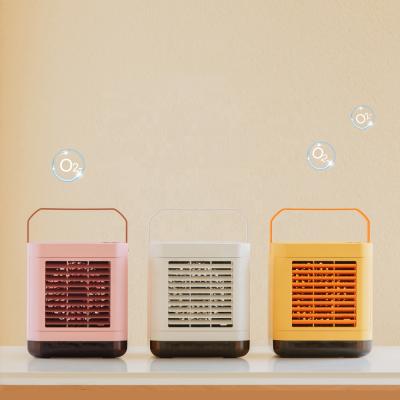 China New Design Hotel Room Mini Desk Air Cooler Fan Ion With Handle For Small Portable Rechargeable Negative Bedroom for sale