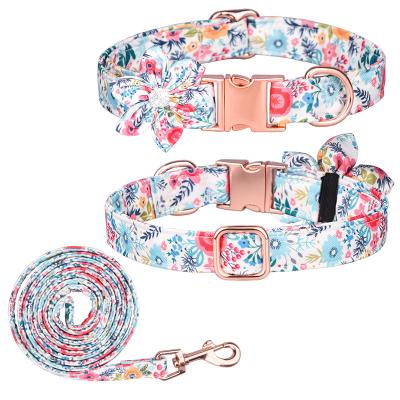 China Custom Floral Pattern Dog Collar and Personalized Luxury Leash with Safety Metal Buckle Flower Cute Bowtie Girl Decorative Dog Collar for sale