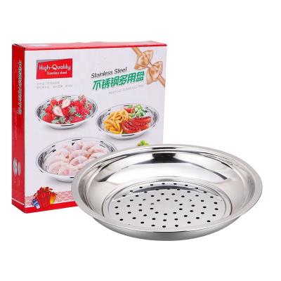 China Cheap and affordable viable stainless steel dumplings tray with drain round restaurant 26-30cm dim sum dish for sale