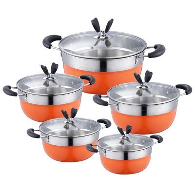 China Durable colorful stainless steel cookware sets skillet and soup pot with butterfly knob lid and glass steamer rack for sale