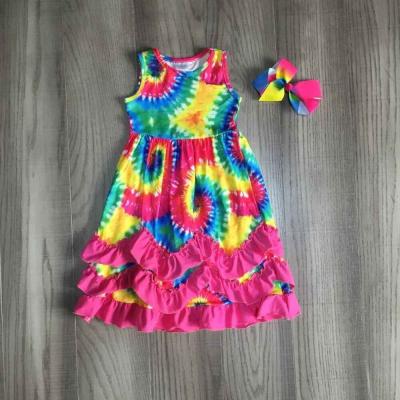 China New Breathable Arrive Boyi Factory Smocked Kids Clothing Wholesale Tied Dyed Dresses Ruffles For Kids Slip Pirouette Holiday Fancy Dress for sale