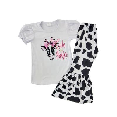 China Latest Babies Dressing Sets Boutique Kids Cow Print Washable Outfits Flare Panties Girls Outfits for sale