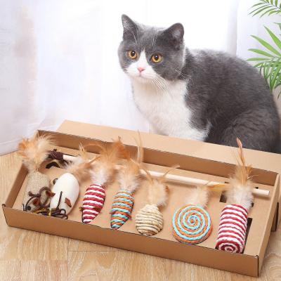 China Viable Ball Feather Sisal Bell Board Wooden Scratch Cat Stick Teasing 7 Pieces Pet Cat Toy Set for sale