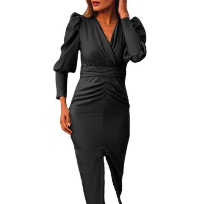 China New Fashion Anti-Static Bodycon Summer Long Sleeve Solid Color V-Neckline Split Casual Women Dress for sale