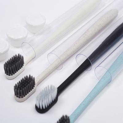 China Disposable OEM Logo Cheap Home Adult Travel Retail Customized Recycled Wheat Straw Toothbrush With Plastic Charcoal Bristle for sale