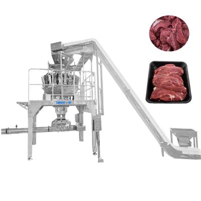 China High efficient automatic fresh meat bacon giblet beef packing machine with multifunctional weighing filling sealing automatic denester tary machine for sale