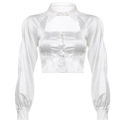 China Anti-pilling Cavity Gothic Korean Cropped Streetwear Shirts Turn-Down Women Tops Stylish Aesthetic Solid White Collar T-shirts for sale