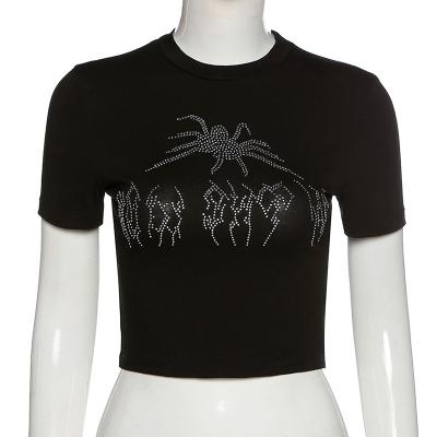 China Vintage Anti-Pilling Spider Rhinestone Graphic T-Shirts Black O-Neck Punk Short Sleeve Crop Tops Tees for sale