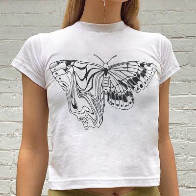 China Butterfly Print Aesthetic Graphic Slim Crop Top Women's Short Sleeve Streetwear Anti-pilling Vintage T-shirt Harajuku Basic Tee for sale