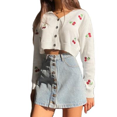 China New Autumn Women's Anti-wrinkle Sweater Cherry Embroidery Knitted Loose Short Knitted Cardigan for sale