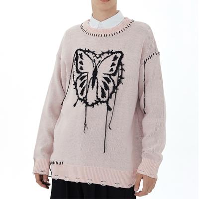 China Street Oversized Hip Hop O-neck Sweater Anti-wrinkle Harajuku Butterfly Pattern Loose Sweater Couples Sweater for sale