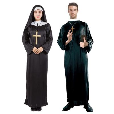 China Costumed Nun Adult Cosplay Costume Maria Black Pastor Outsuit Traditional Halloween Missionary Priest Robe Party Adult Father for sale